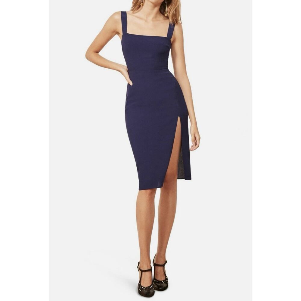 Reformation Christina Midi Dress — XS Navy Square Neck High-Slit Wedding Guest